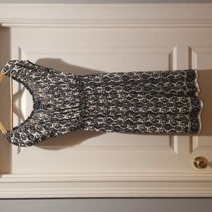 Stretchy, blue cream, gray paisley peasant dress